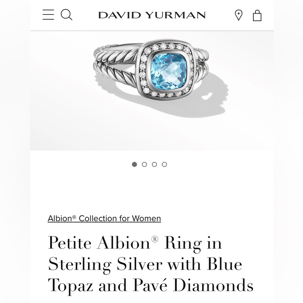Size 7.5. Authentic David Yurman Petite Albion Ring: Blue Topaz & pave diamonds